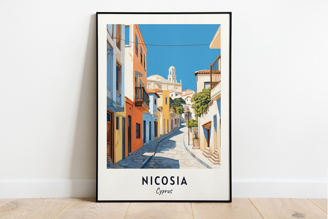 Nicosia Cobbled Old Street Colorful Houses Cyprus Travel Poster