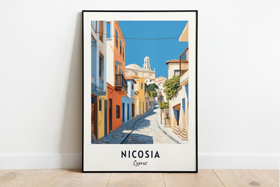 Nicosia Cobbled Old Street Colorful Houses Cyprus Travel Poster