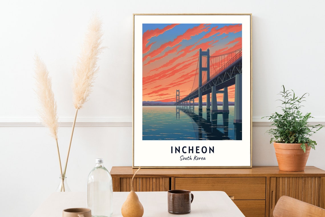 Incheon South Korea Bridge Sunset Reflection Travel Poster Artwork - Image 2