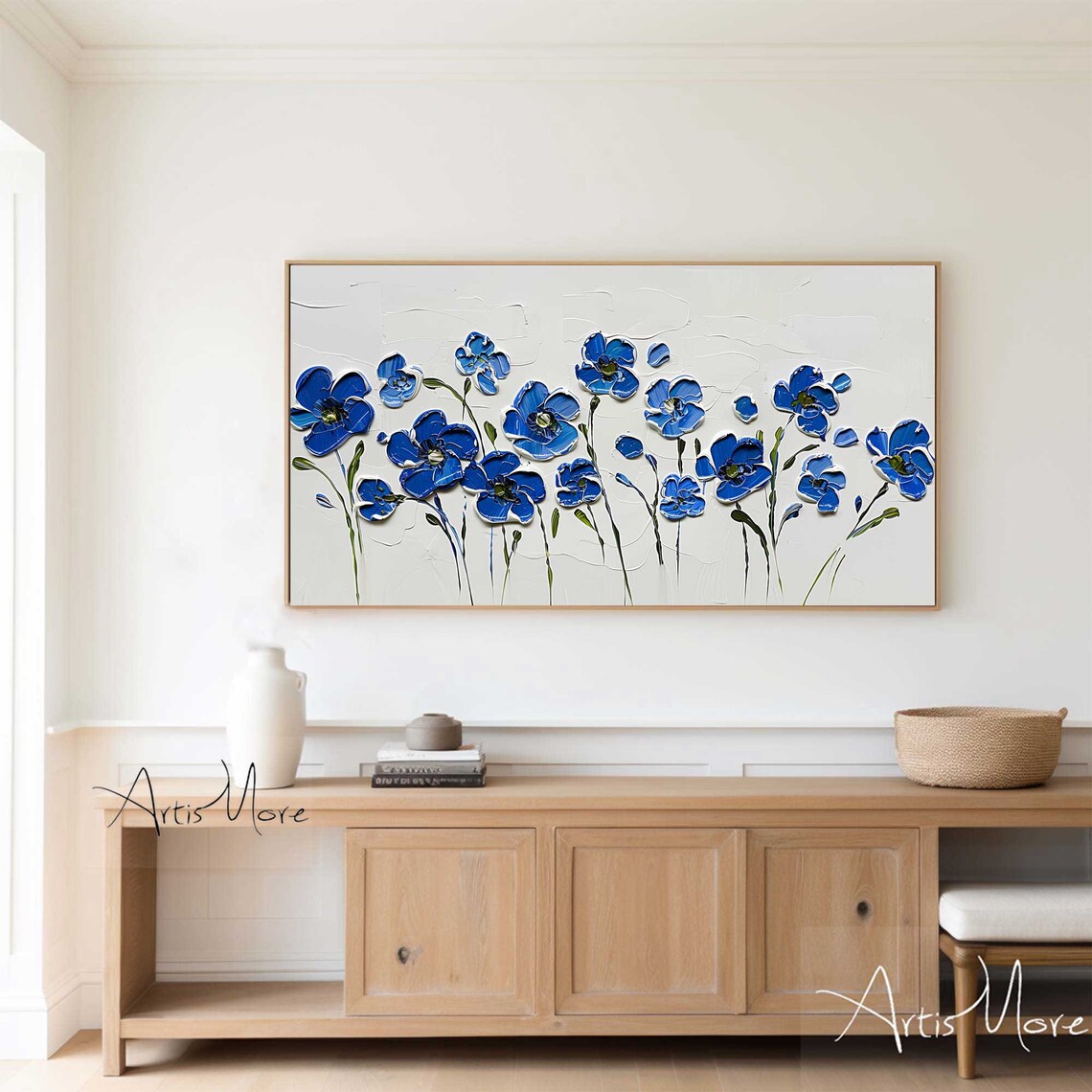 Blue Flowers White Background Painting Palette Knife Floral Wall Art - Image 2
