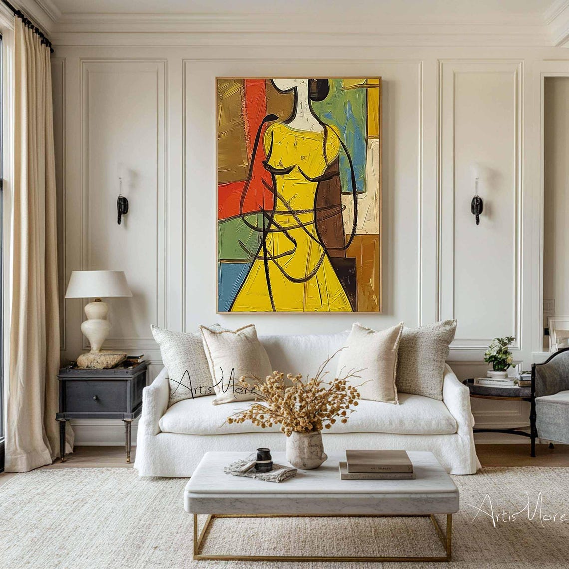 Faceless Abstract Woman Yellow Dress Cubist Modern Canvas Poster - Image 5