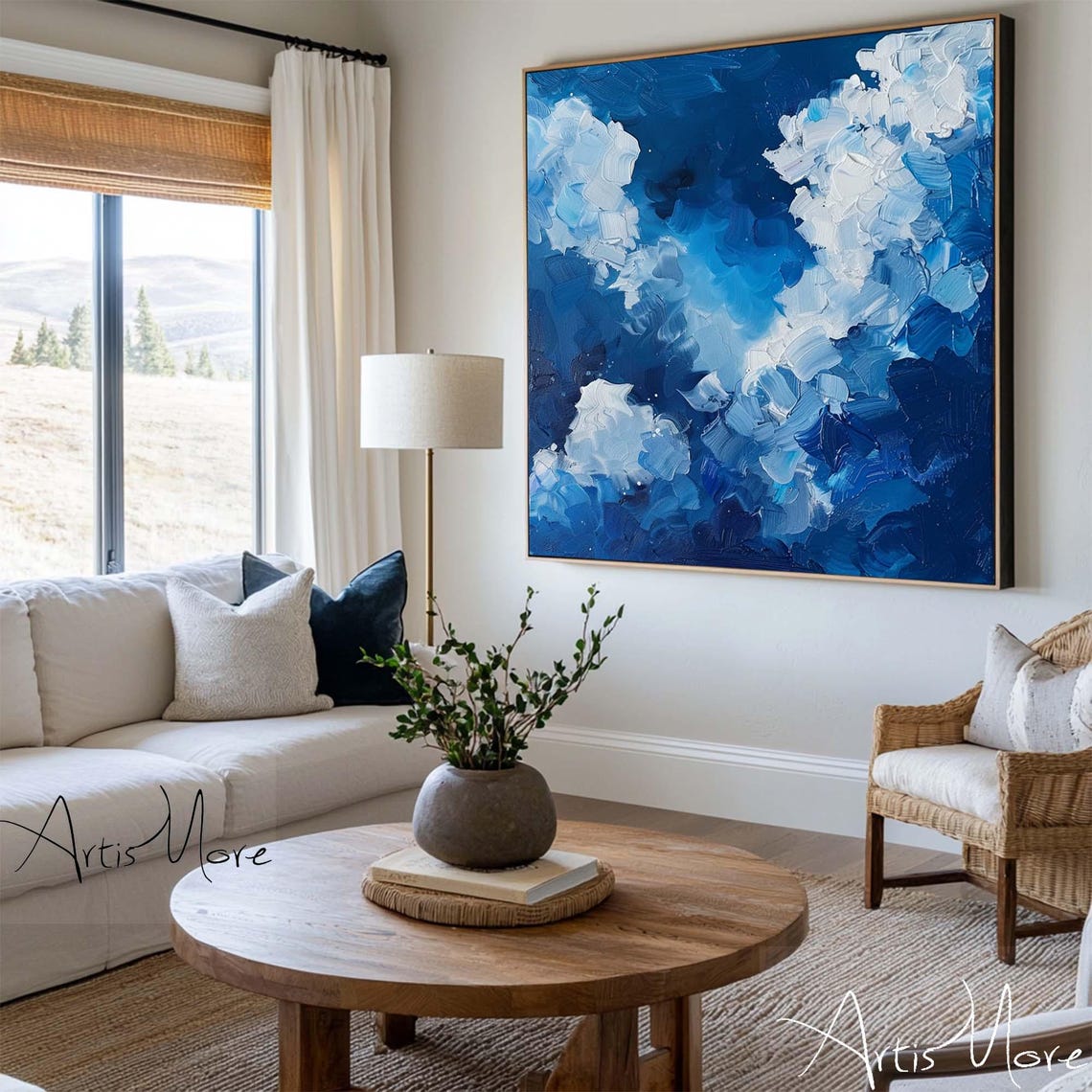 Blue White Textured Cloudscape Abstract Sky Impasto Canvas Poster - Image 3