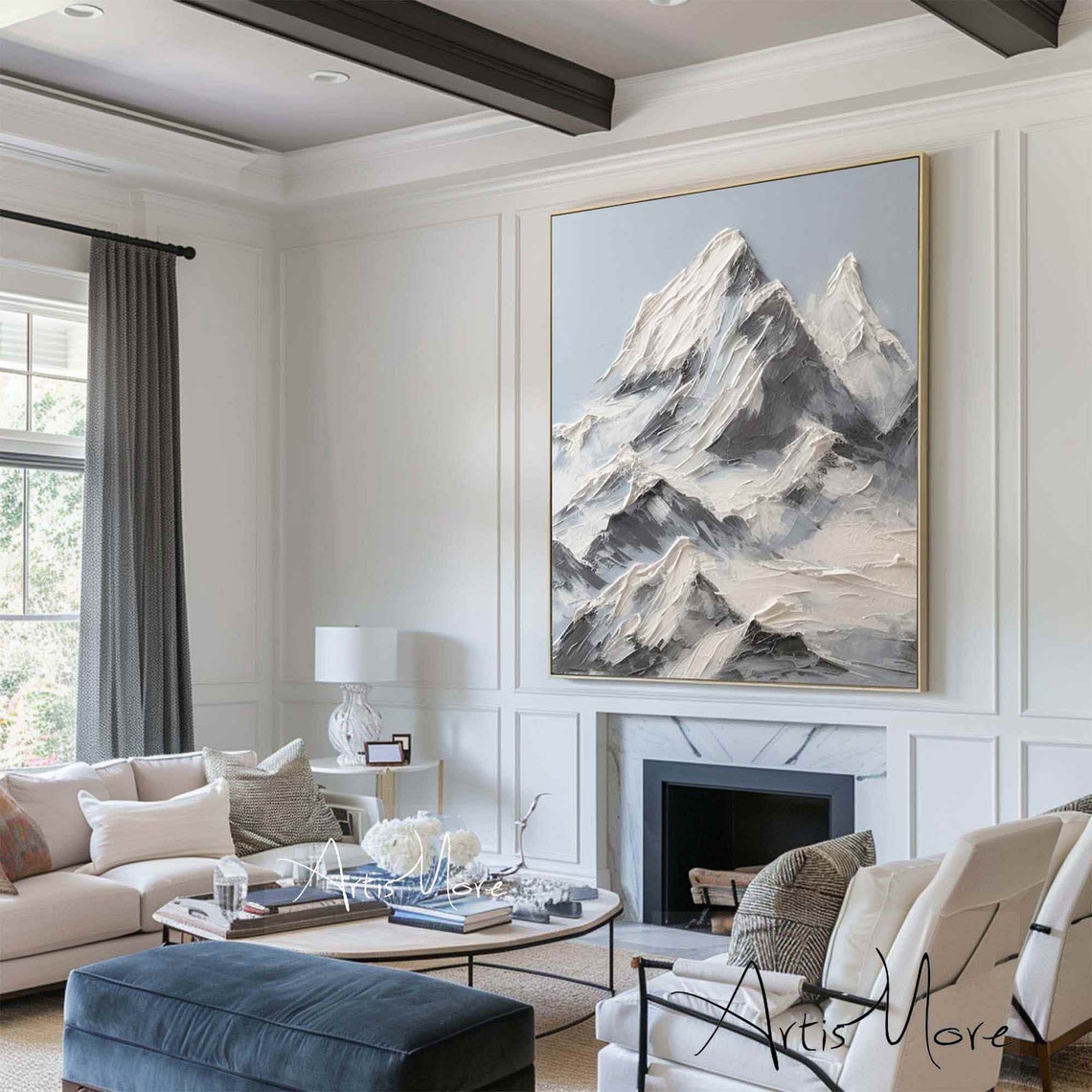 Blue Abstract Mountain Wall Art White Texture Painting On Large Mountain Landscape Painting Modern Knife Texture Art Custom Artwork - Image 4