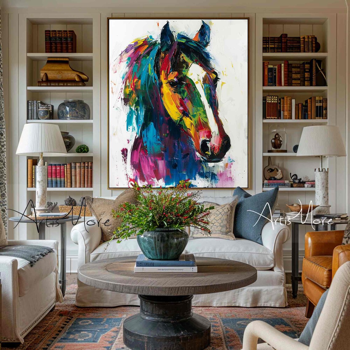 Colorful Abstract Horse Head Painting Rainbow Equine Portrait Wall Art - Image 3