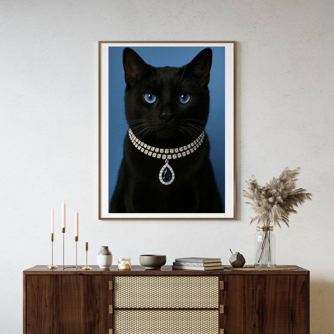 Black Cat Blue Eyes Jewel Necklace Portrait Fashion Cat Poster