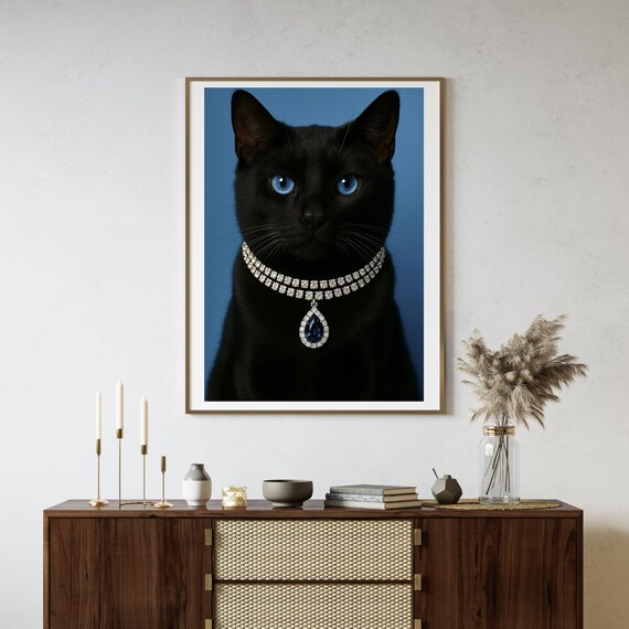 Black Cat Blue Eyes Jewel Necklace Portrait Fashion Cat Poster