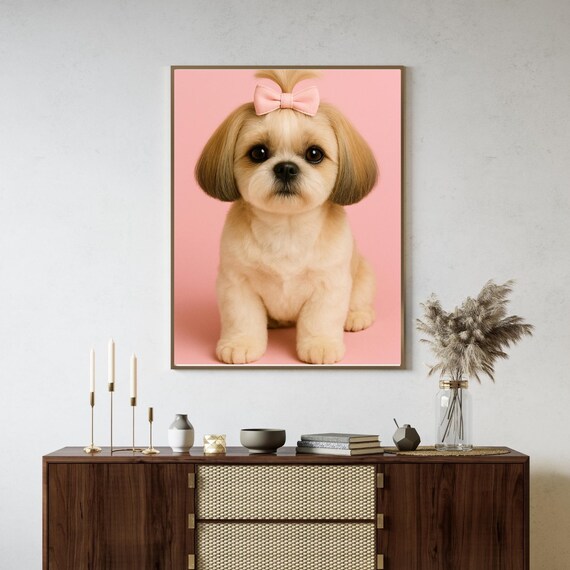 Adorable Puppy With Pink Bow Cute Portrait Dog Lover Gift Poster