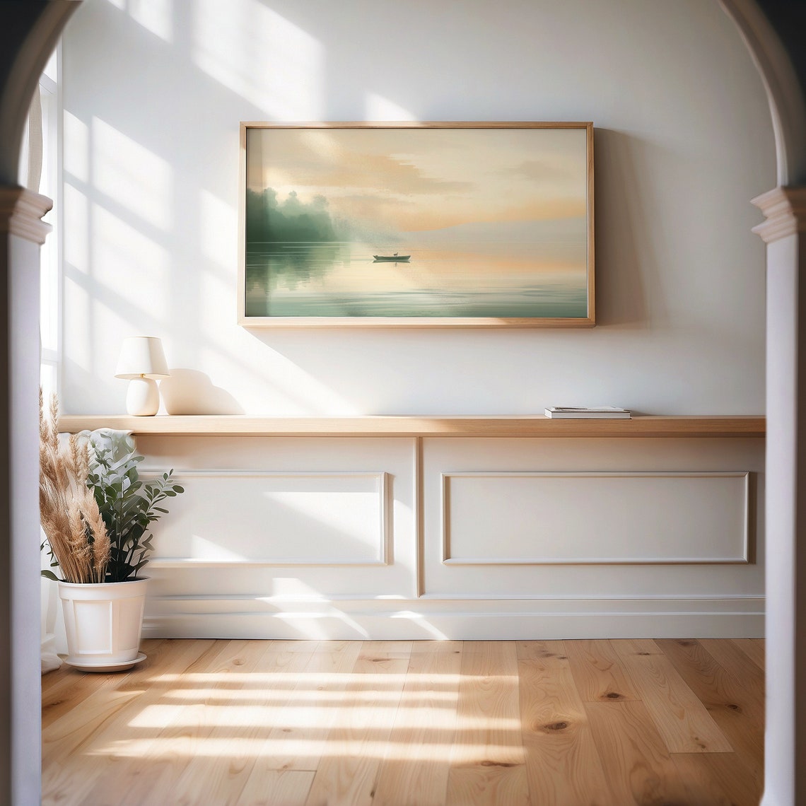 Sunrise Lake Boat Calm Water Warm Peach Sky Landscape Painting Poster - Image 2