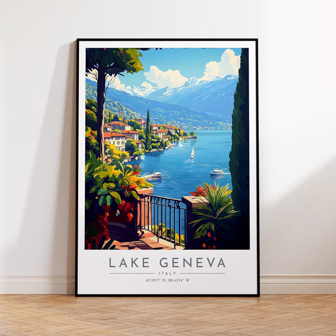 Lake Geneva Lakeside Terrace Flower Mountain View Travel Poster