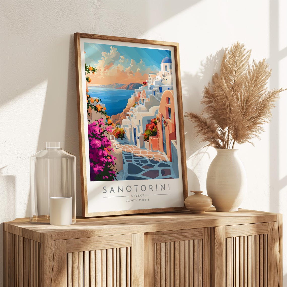 Santorini Greece Whitewashed Lane Bougainvillea Aegean Sea Poster - Image 3