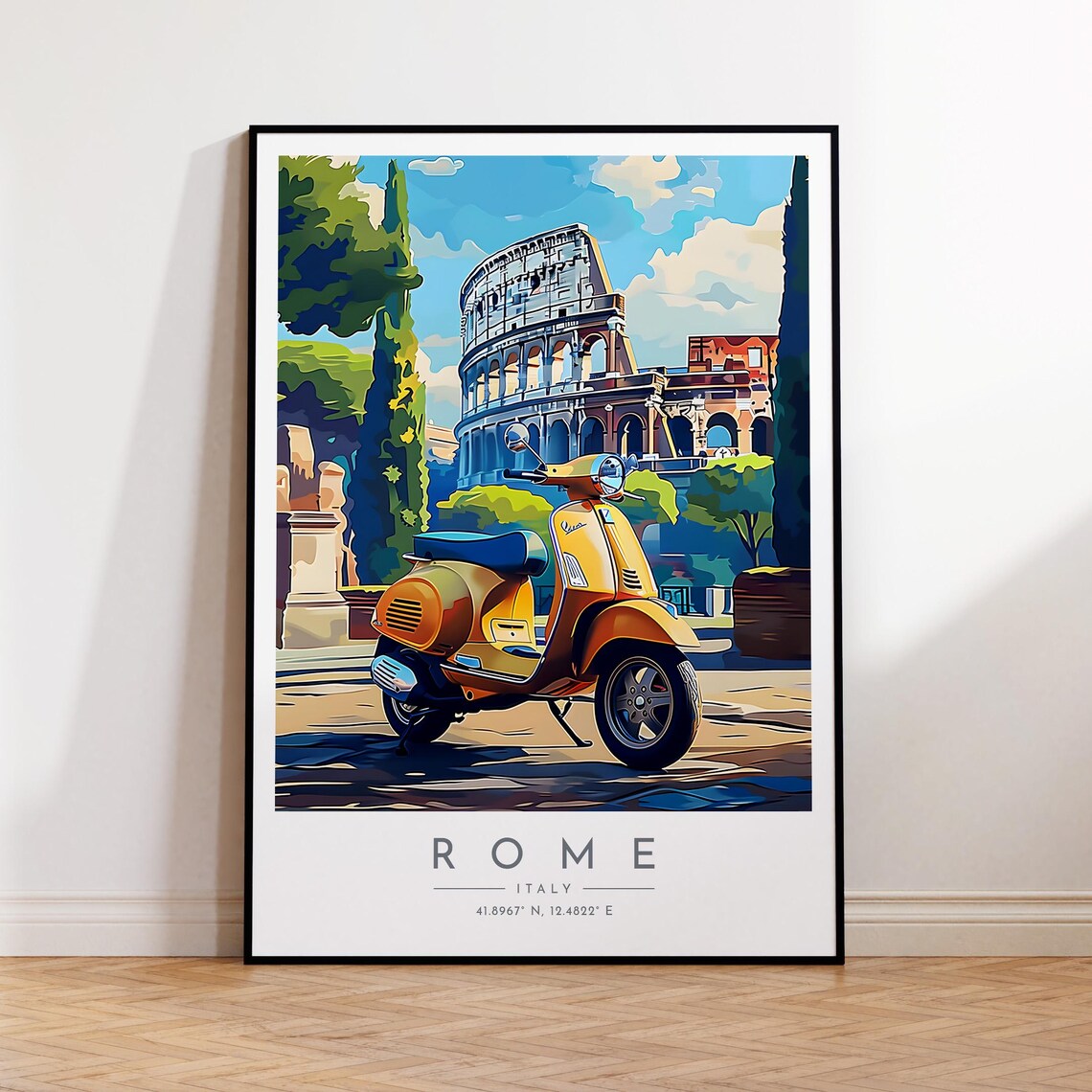 Rome Italy Classic Yellow Vespa Scooter Colosseum Street Poster