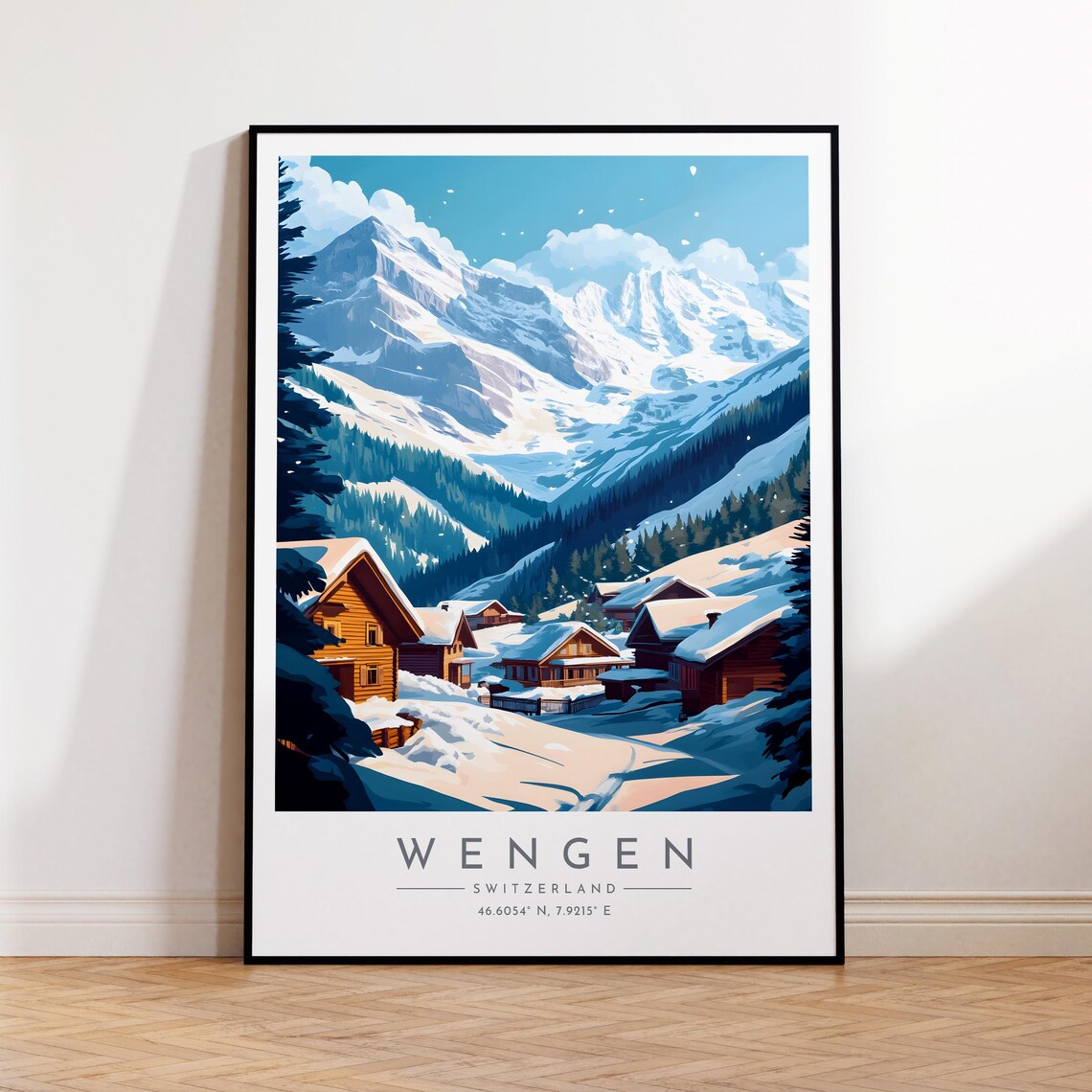 Wengen Switzerland Winter Snowy Wooden Chalets Alpine Poster