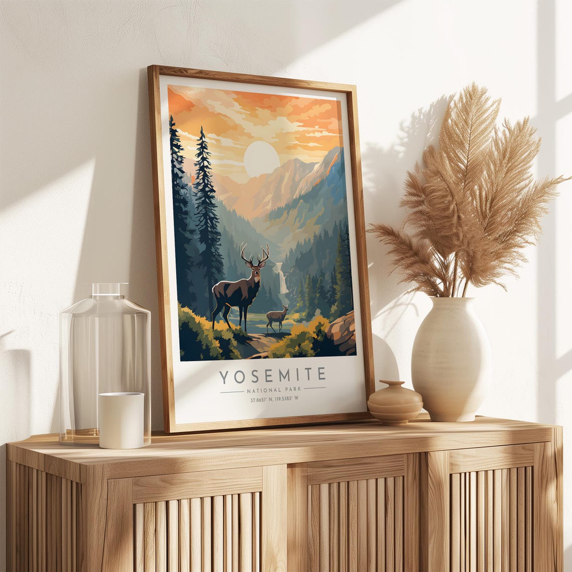 Yosemite National Park Sunset Valley Stag Doe Waterfall Poster - Image 3