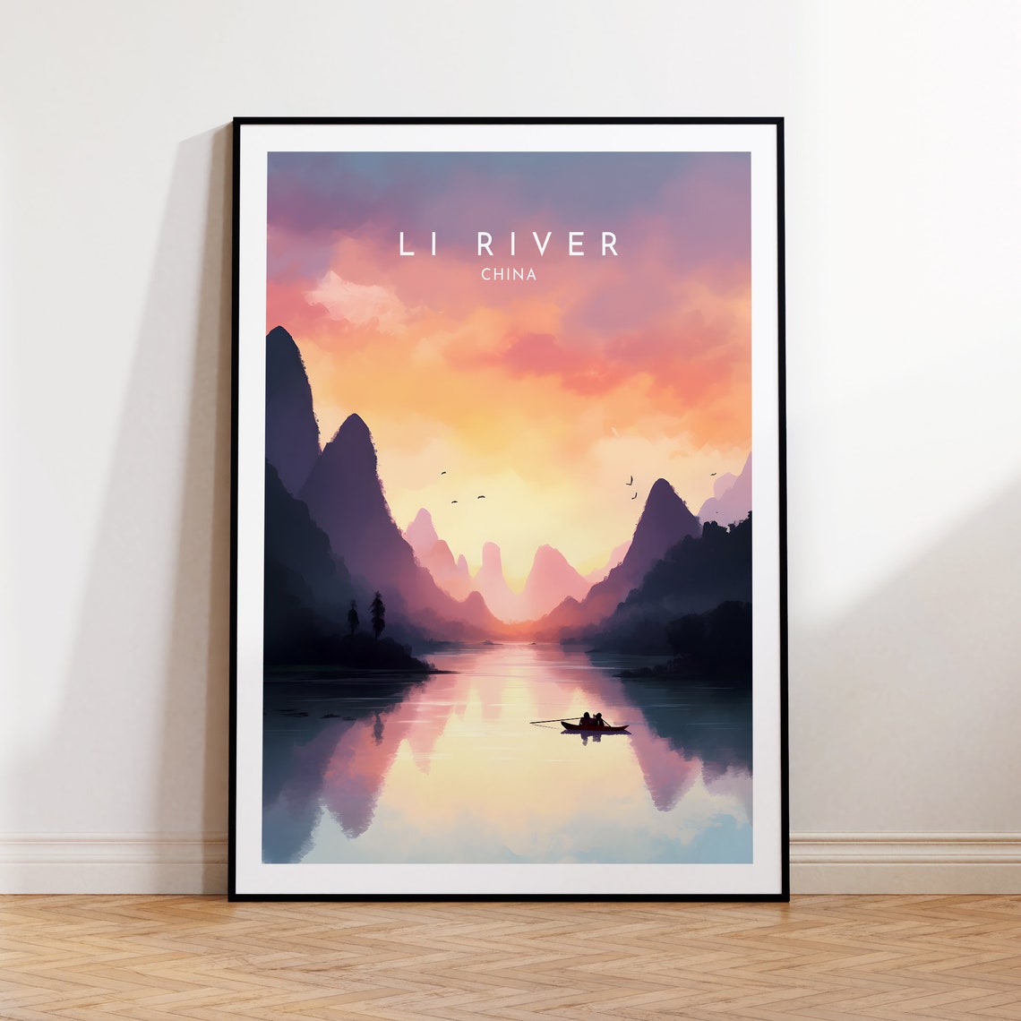 Li River China Sunset Karst Mountains Travel Poster with Lone Boat