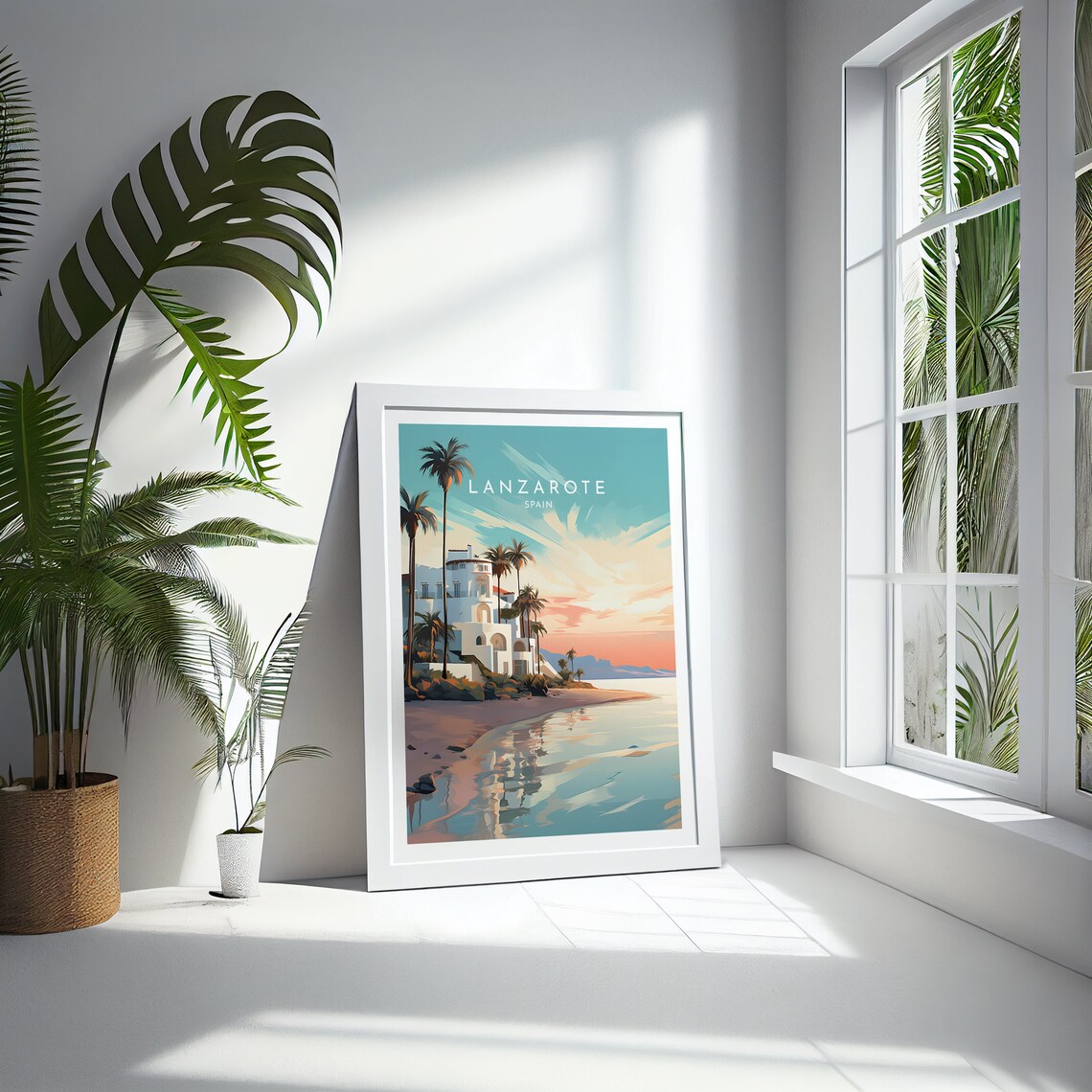 Lanzarote Spain Canarian White Villa Palms Beach Sunset Poster - Image 4