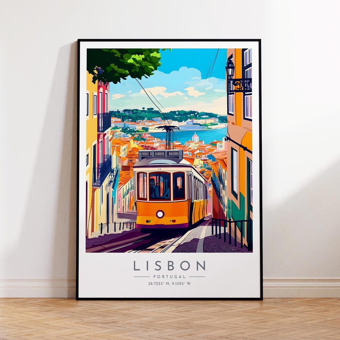Lisbon Portugal Yellow Tram Hillside Harbor View Tram Poster