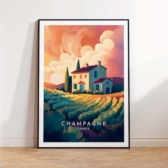 Champagne France Vineyard Farmhouse Sunset Countryside Travel Poster