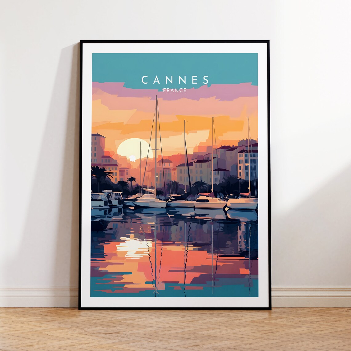 Cannes France Marina Sunset Sailboats Harbor Riviera Travel Poster