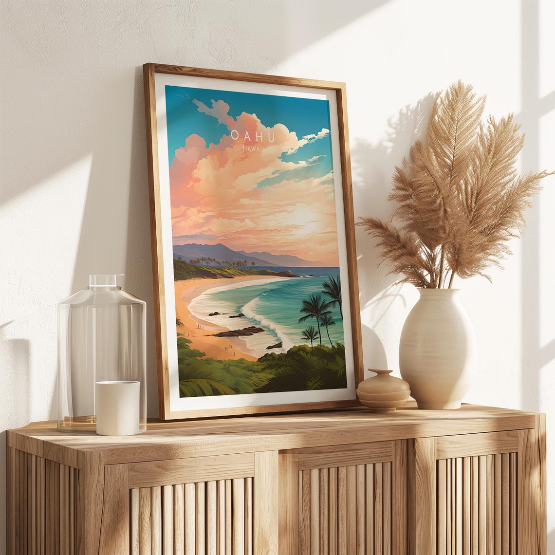 Oahu Hawaii Beach Golden Sunset Palm Trees Ocean Waves Travel Wall Art - Image 2
