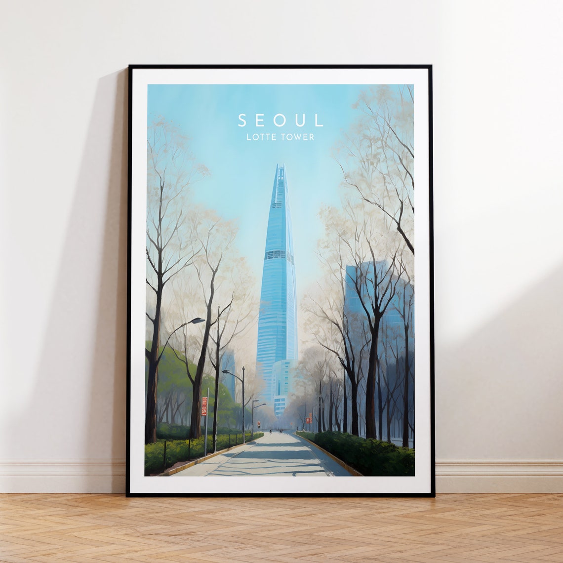 Seoul Lotte Tower Morning Skyline Tree Lined Blue Avenue Poster