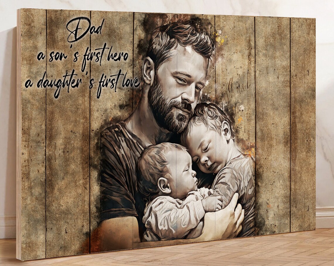 Father and Son Watercolor Portrait Loving Quote Rustic Wood Poster - Image 2