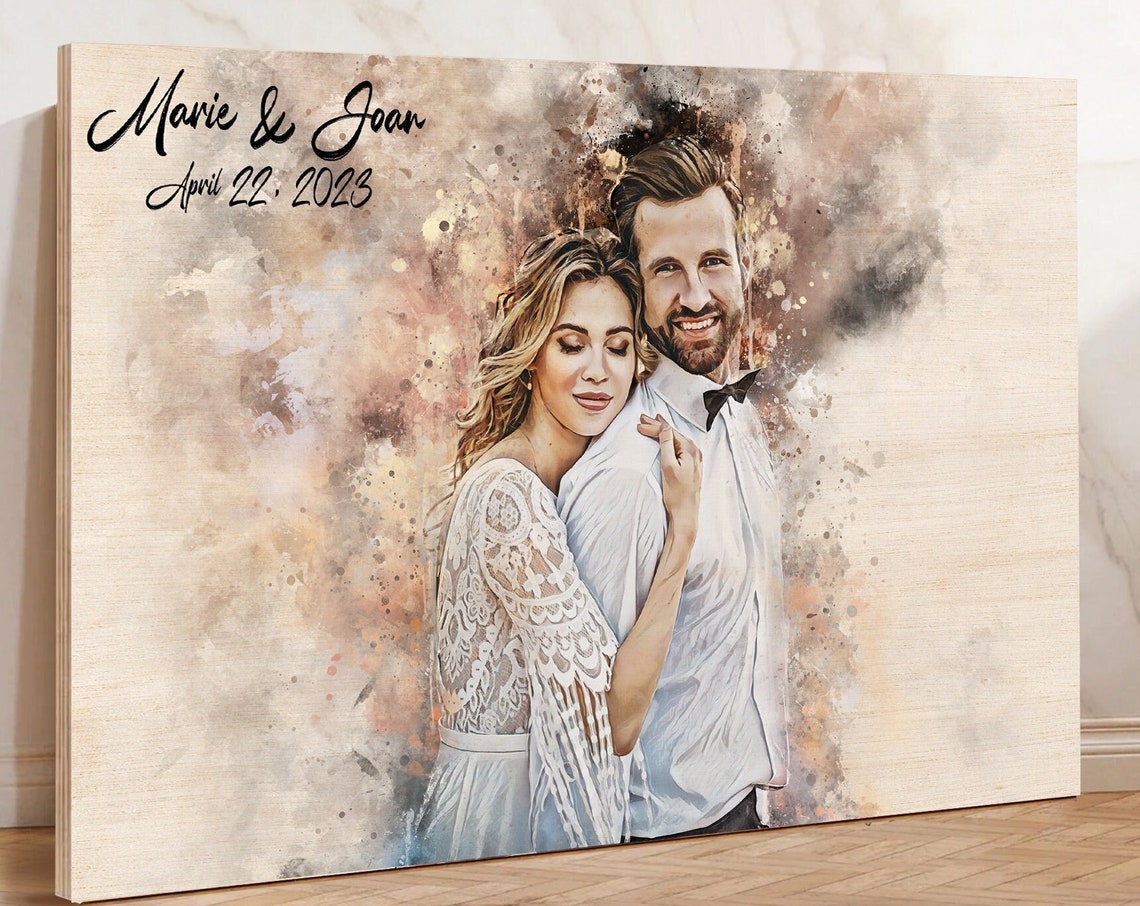 Marie and Joan Light Wood Wedding Couple Watercolor Portrait Poster