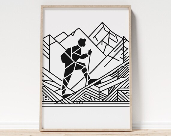 Geometric Mountain Hiker Cubist Line Art Black and White Adventure Poster