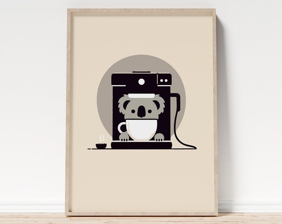 Minimalist Koala Drinking Coffee Poster Print Quirky Koala And Coffee Illustration Coffee Shop Wall Art