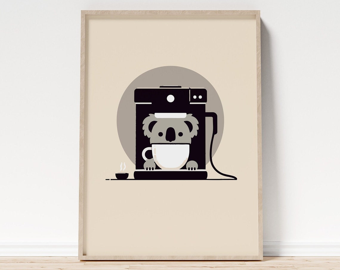 Minimalist Koala Drinking Coffee Poster Print Quirky Koala And Coffee Illustration Coffee Shop Wall Art