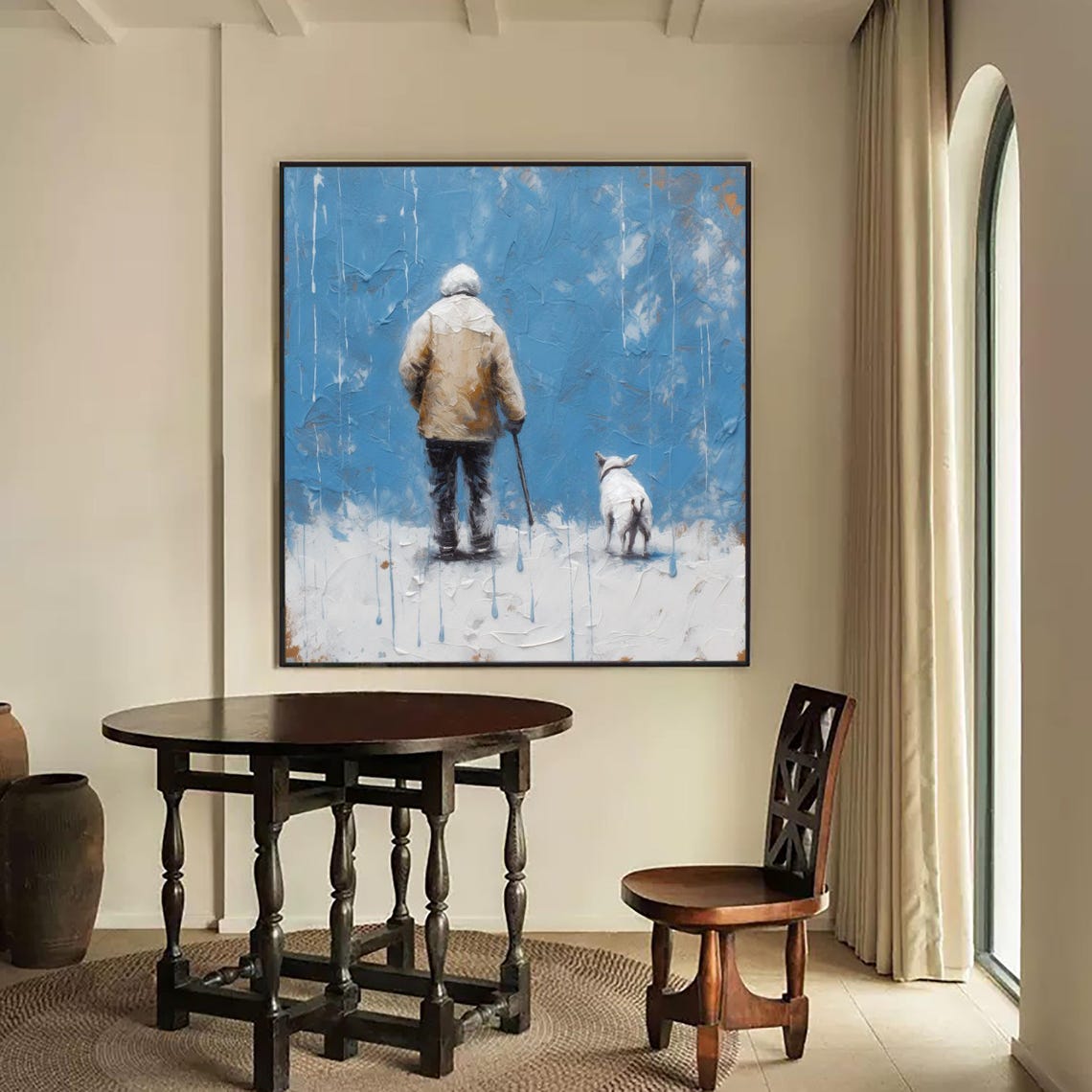 Man And Dog Walking In The Snow Man And Dog Snow Scene Art Original Old Man And The Dog Painting Painting On Antique Snow Painting - Image 2