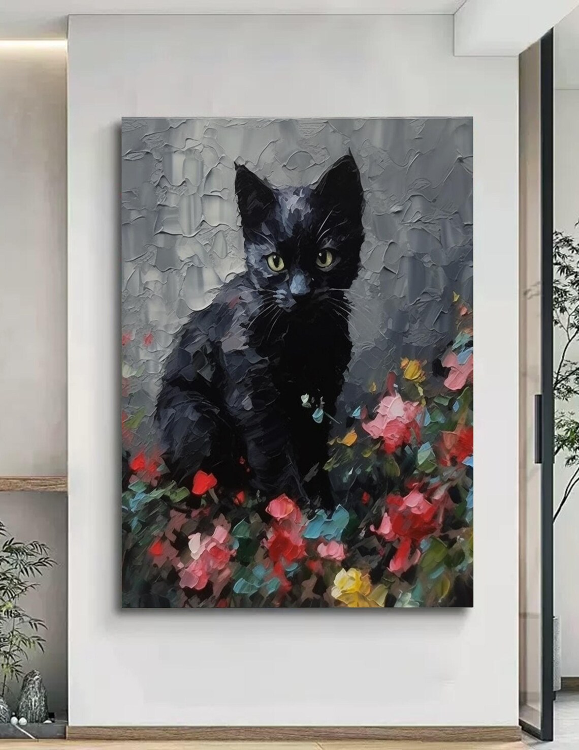 Black Cat Green Eyes Colorful Flower Garden Impasto Art Poster - Image 4