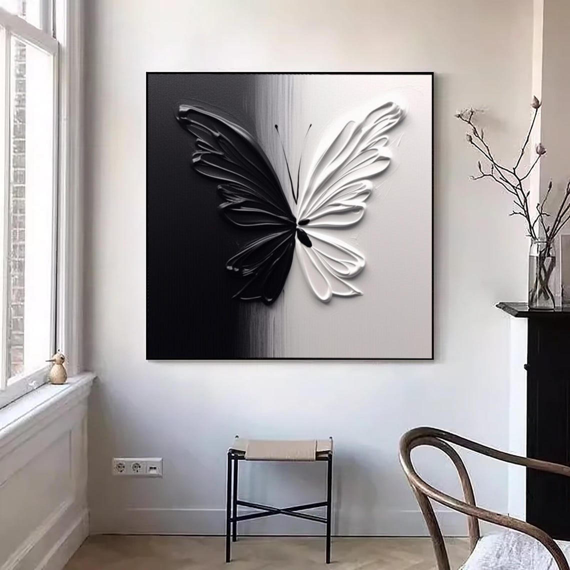 Large Black And White Butterfly Themed Mural Large Butterfly Painting Butterfly Wall Art Textured Painting Minimal Wall Art Insect Wall Art - Image 2