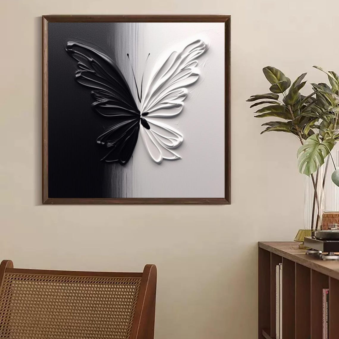Large Black And White Butterfly Themed Mural Large Butterfly Painting Butterfly Wall Art Textured Painting Minimal Wall Art Insect Wall Art - Image 3