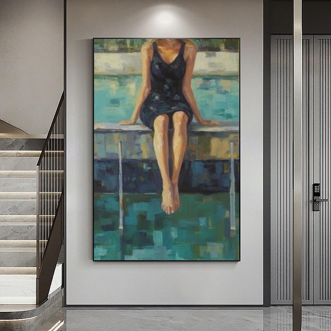 Woman Sitting Pool Edge Turquoise Water Summer Relaxing Oil Art Poster - Image 2