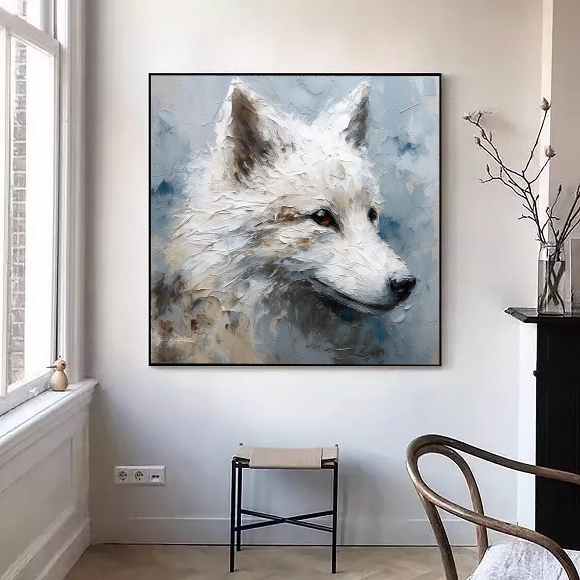 White Fox Portrait Textured Oil Painting Wildlife Animal Canvas Wall Art - Image 2