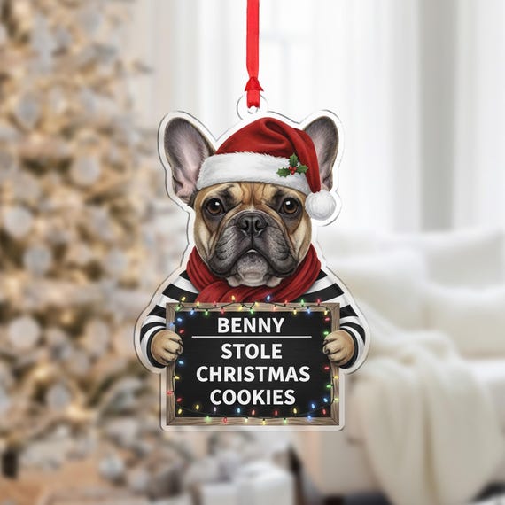 Personalized Dog Ornament Funny Mugshot Design With Name And Christmas Cookies