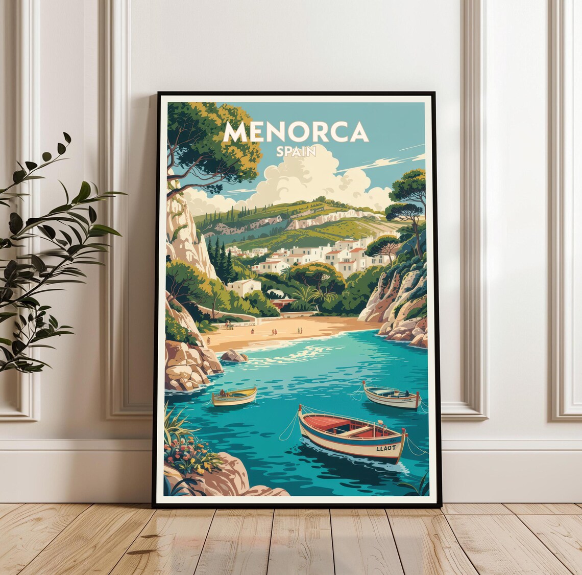 Menorca Spain Vintage Coastal Cove Boats Beach Travel Art Poster