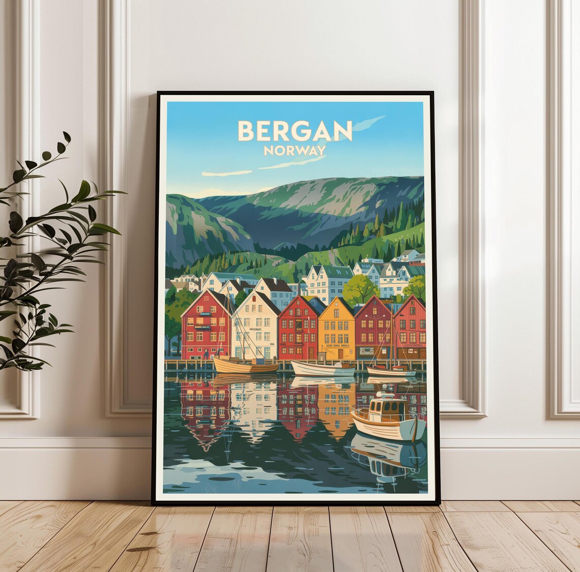 Bergen Bryggen Wharf Colorful Harbor Boats Norway Travel Poster