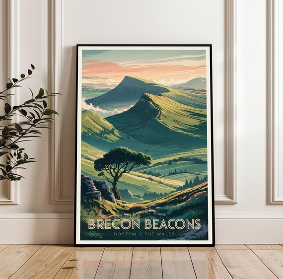 Brecon Beacons Wales Mountain Landscape Lone Tree Vintage Travel Poster