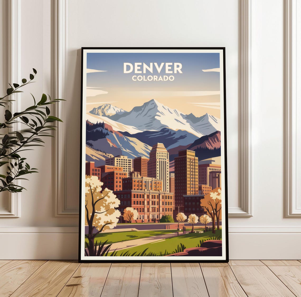 Denver Colorado Skyline With Snowy Rockies Retro Travel Poster