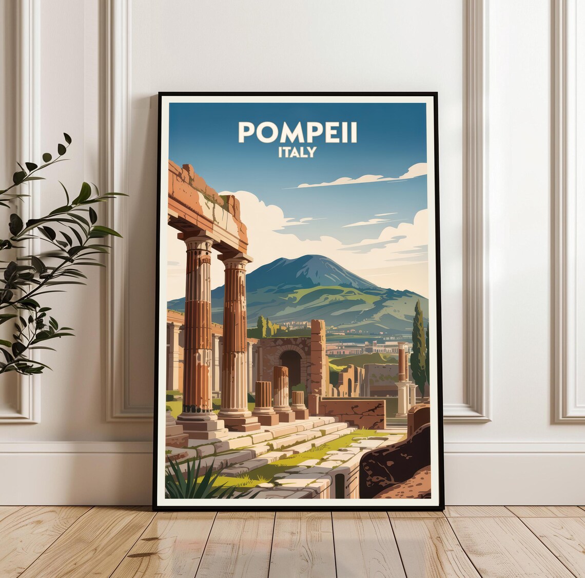 Pompeii Italy Ancient Ruins Columns Mount Vesuvius Travel Art Poster