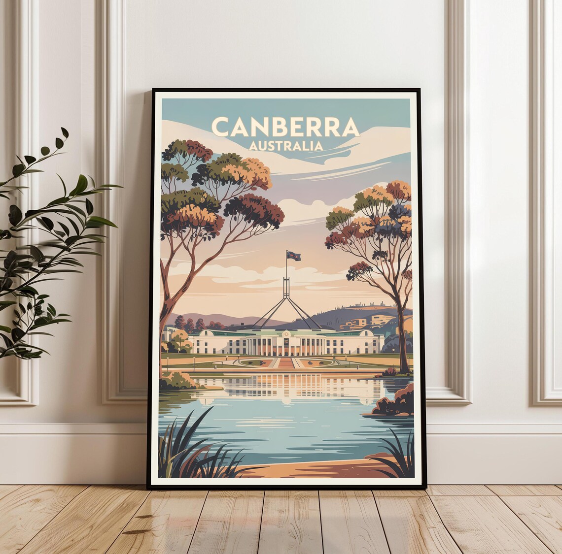 Canberra Australia Parliament House Lake Vintage Travel Poster