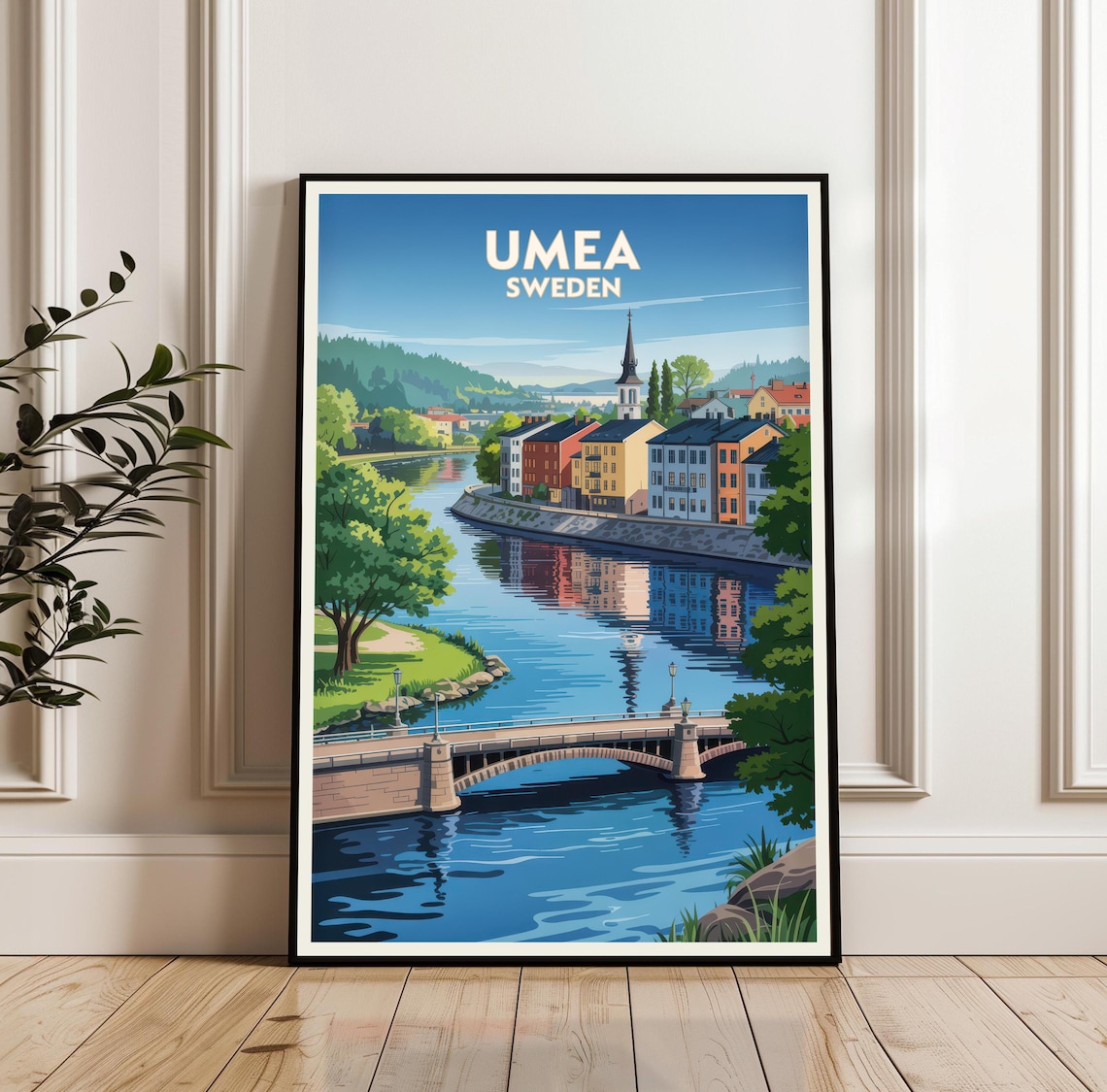 Umea Sweden Vintage Travel Poster Riverside Old Town Bridge View