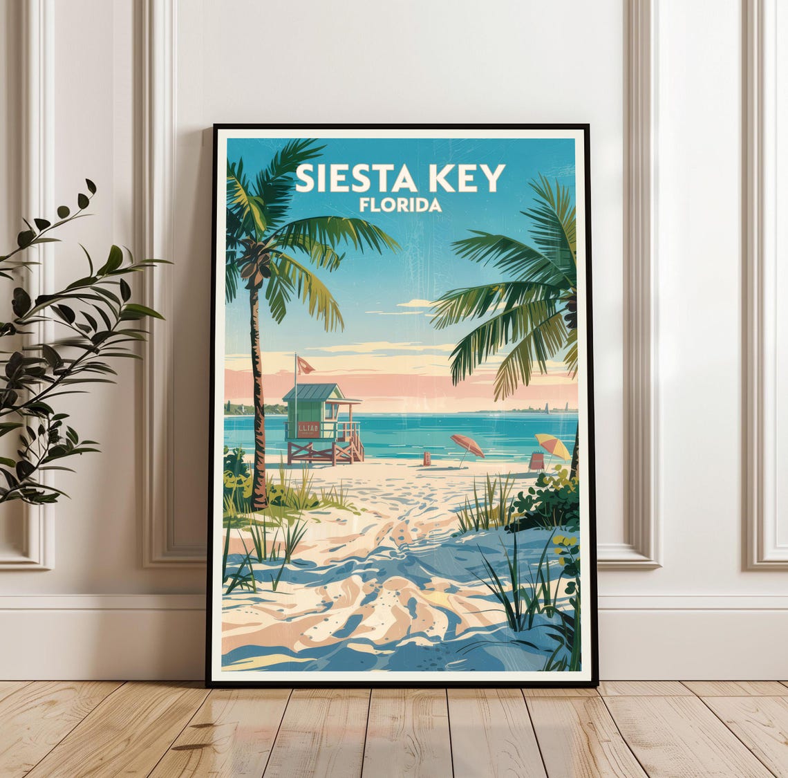 Siesta Key Florida Sunny Beach Day Lifeguard Tower Travel Poster