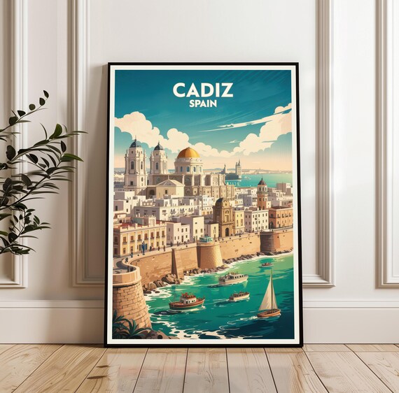 Cadiz Cathedral Waterfront Harbor Sailing Boats Andalusia Spain Travel Poster