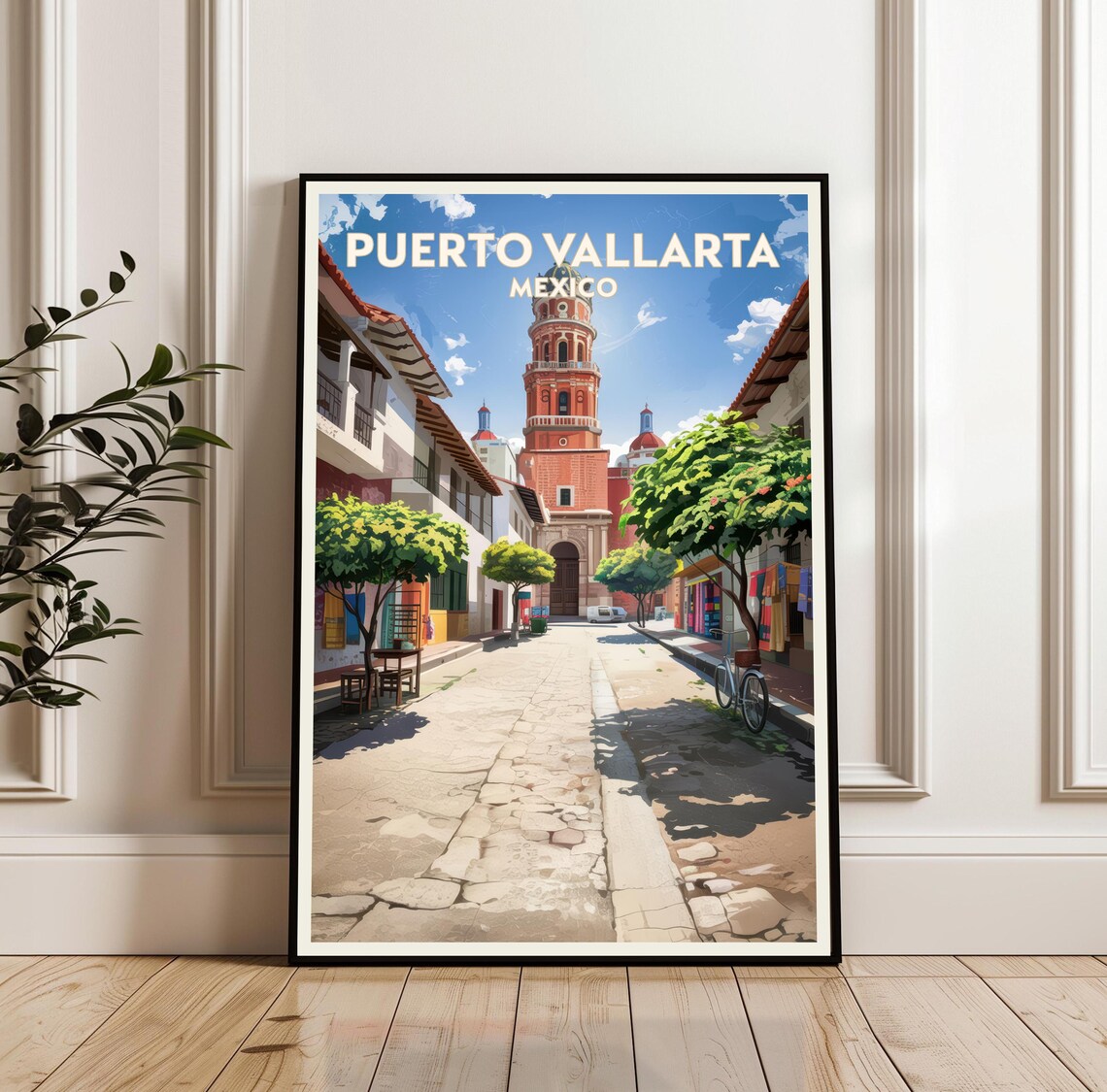Puerto Vallarta Mexico Street With Church Tower Travel Poster Art