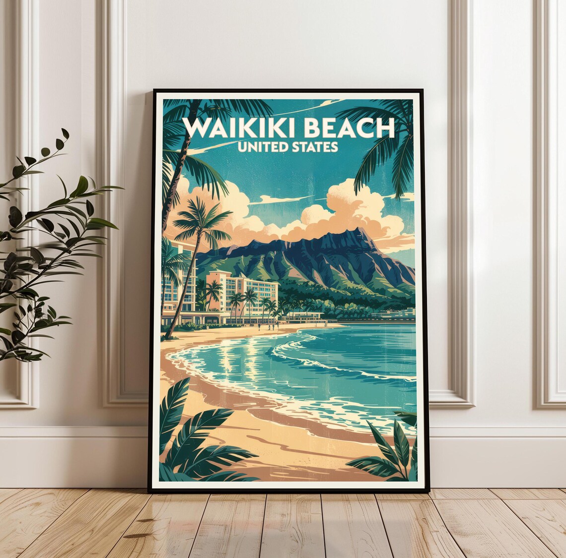 Waikiki Beach Hawaii Travel Poster Diamond Head Palm Trees Vintage Art