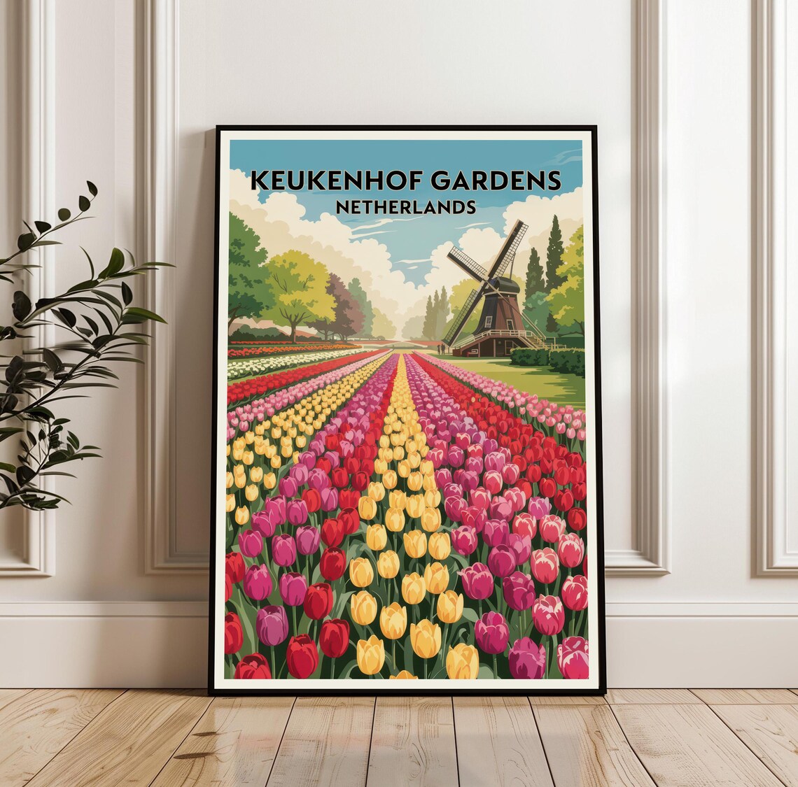 Keukenhof Gardens Netherlands Tulip Fields Windmill Travel Poster