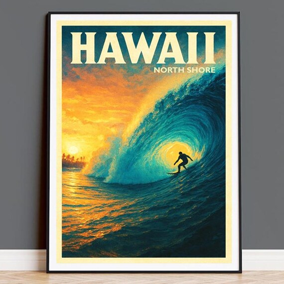 Hawaii North Shore Vintage Surf Sunset Barrel Wave Surfer Poster