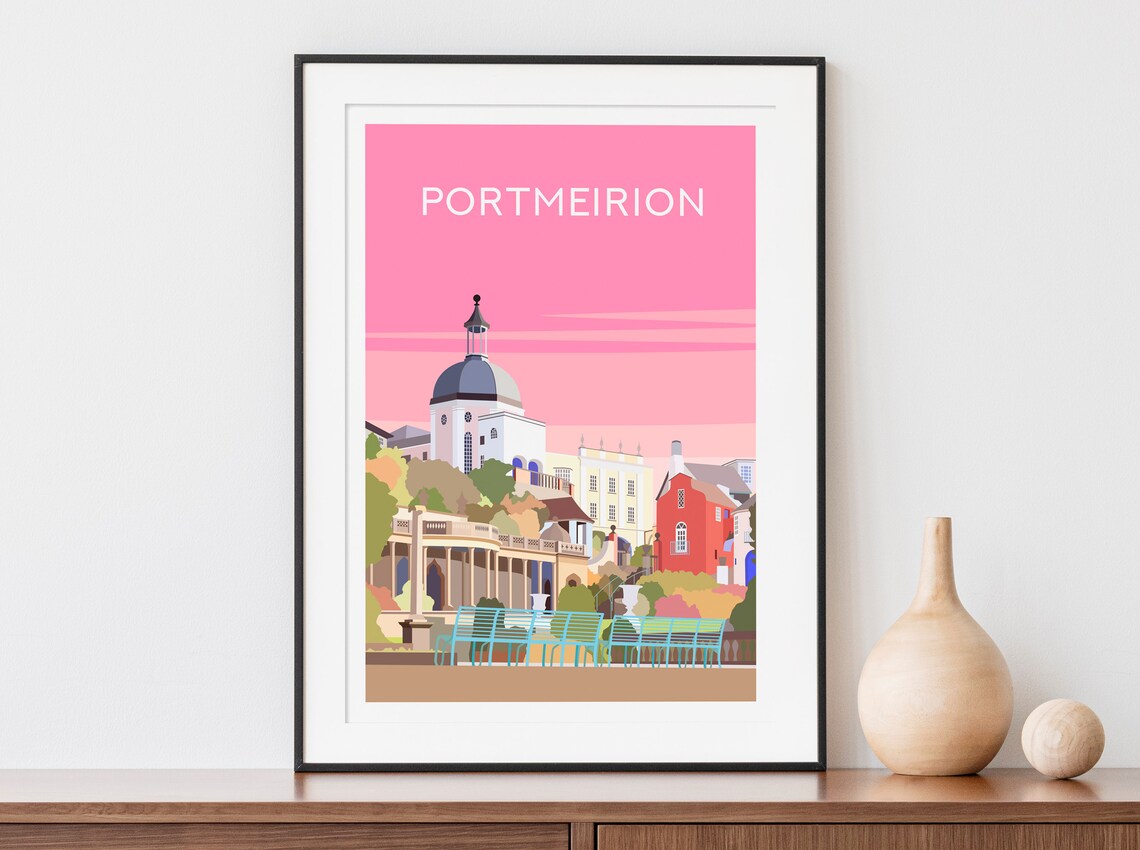 Portmeirion North Wales Pink Sky Sunset Dome Illustrated Poster